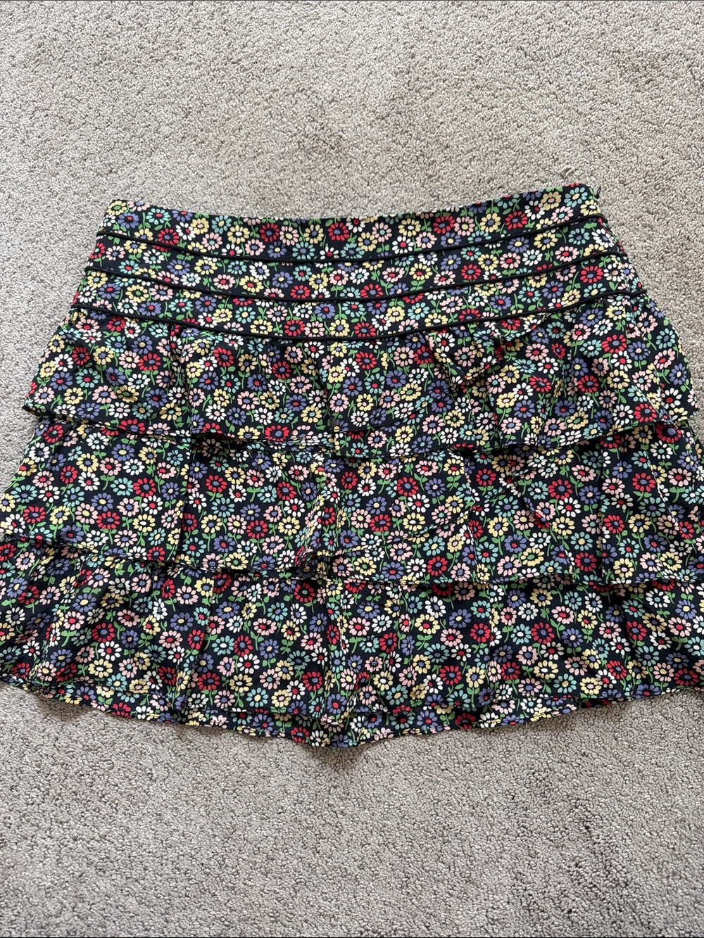 Kookai Tiered Mini Skirt — Multicolor Flowers on Black, lined